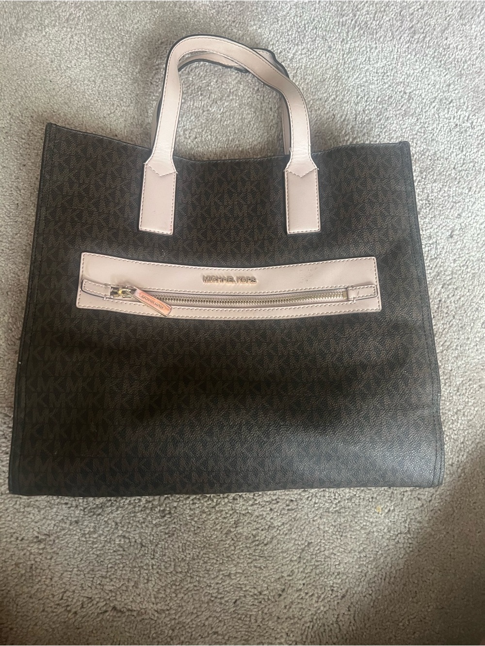 Michael Kors Brown Logo Tote with Light Pink Trim